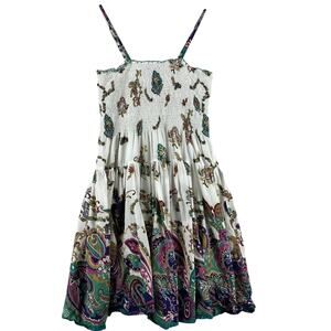 Magic Womens Smocked Sundress XL White Paisley Floral Boho Tiered Lined Cotton